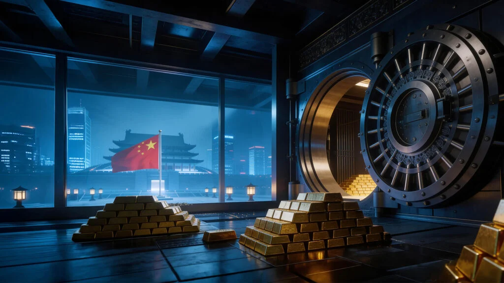 Vault with gold bars and cityscape outside.
